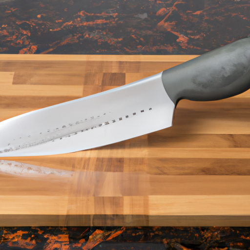 A sharp knife being used to chop vegetables on a cutting board.