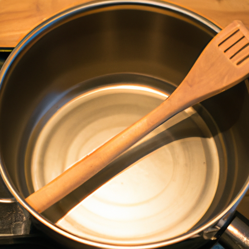 A stainless steel pan with a wooden handle on a stovetop.