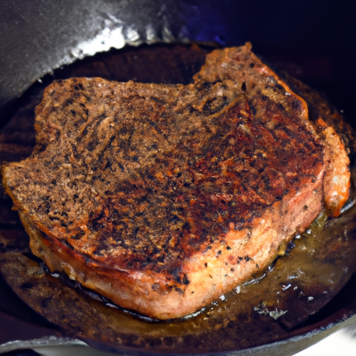 A seasoned cast iron skillet with a seared steak.