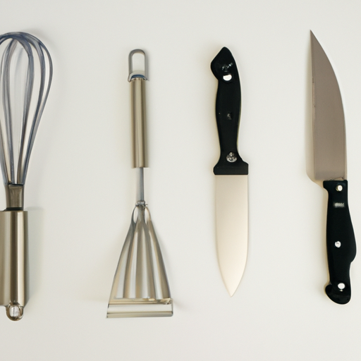 A collection of essential kitchen utensils, including a chef's knife, a whisk, a spatula, and tongs.