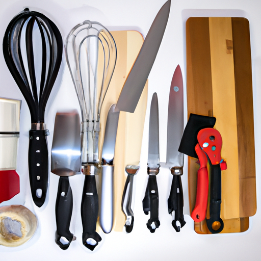 Various essential kitchen utensils, including a chef's knife, cutting board, measuring cups, whisk, and spatula.