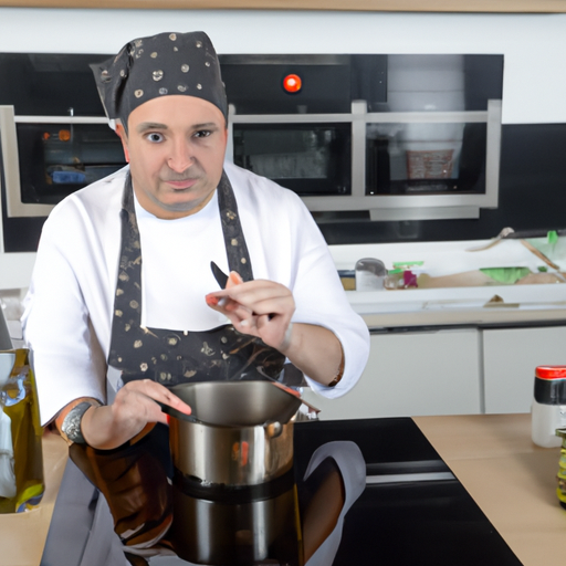 A professional chef cooking in a well-equipped kitchen.