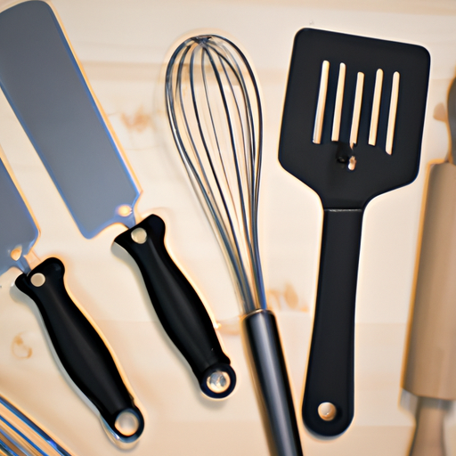 Essential kitchen utensils including knives, wooden spoon, whisk, tongs, and spatula.