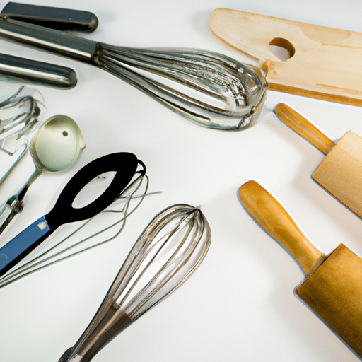 Essential cooking utensils including a chef's knife, wooden spoons, tongs, and a whisk.